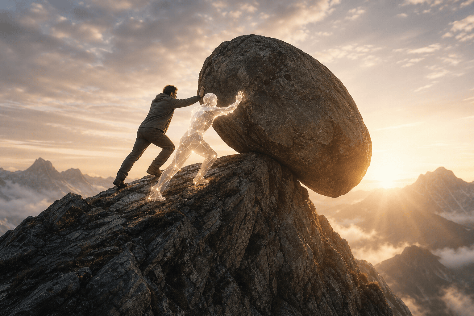 At dawn on a mountain summit, a person and a luminous figure push the boulder over the crest together while sunlight breaks across the ridge beyond.